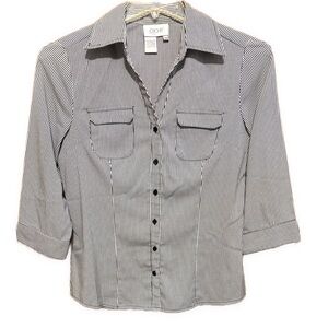 Women’s Medium Clichy Black and White Striped Button-Up Stretchy Shirt